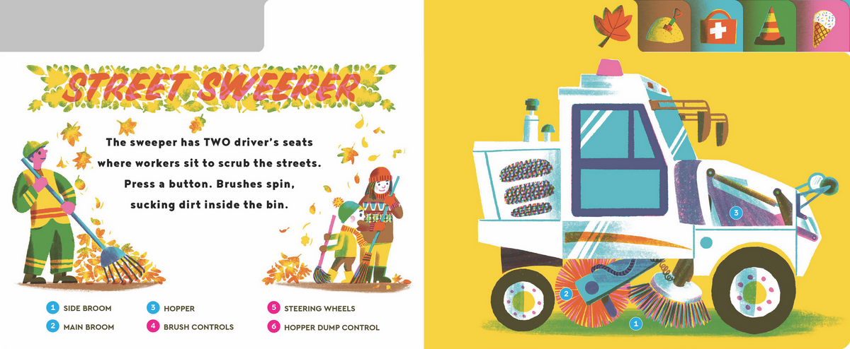 Illustrated book page about a street sweeper with text and graphics.
