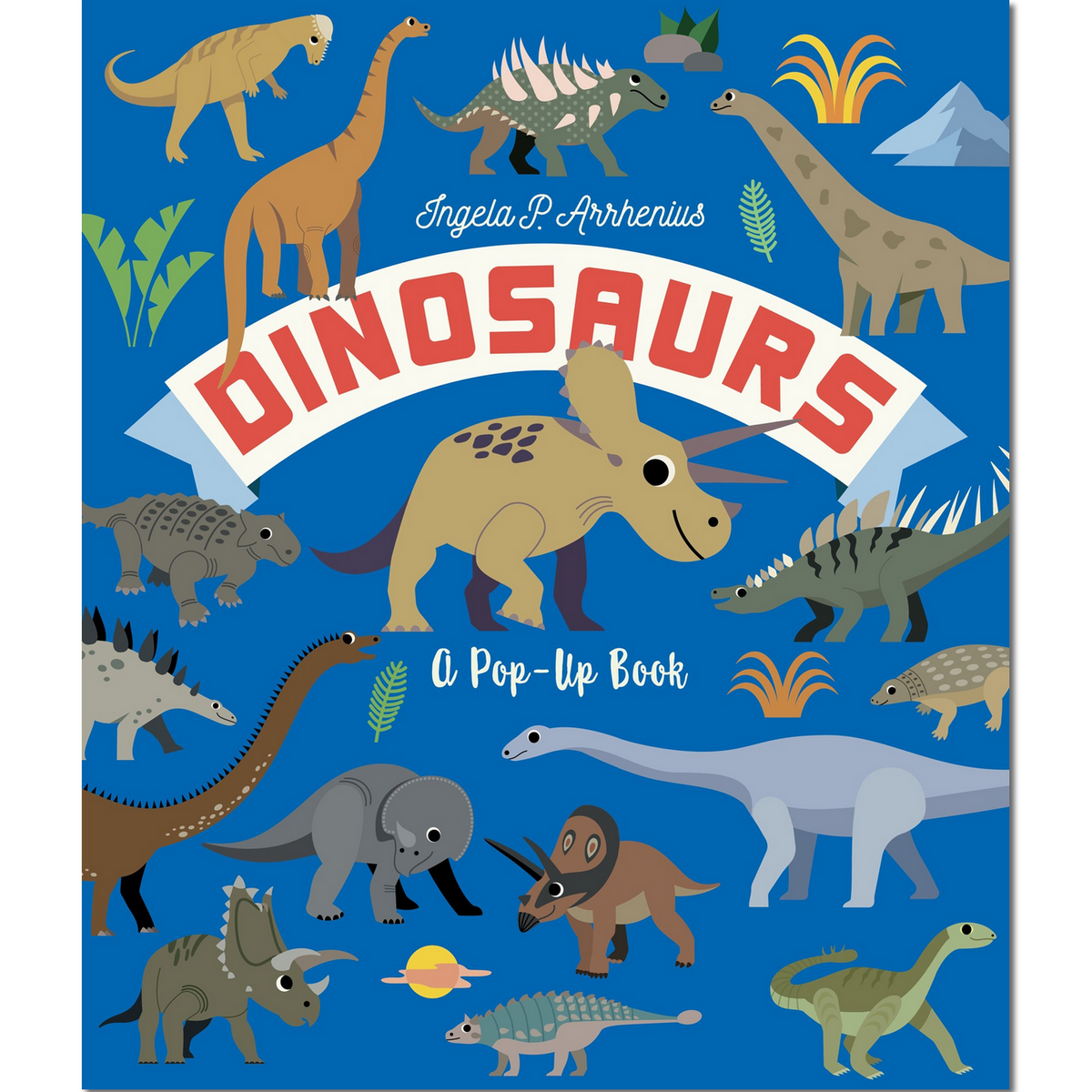 Pop-up book cover with various dinosaur illustrations on a blue background