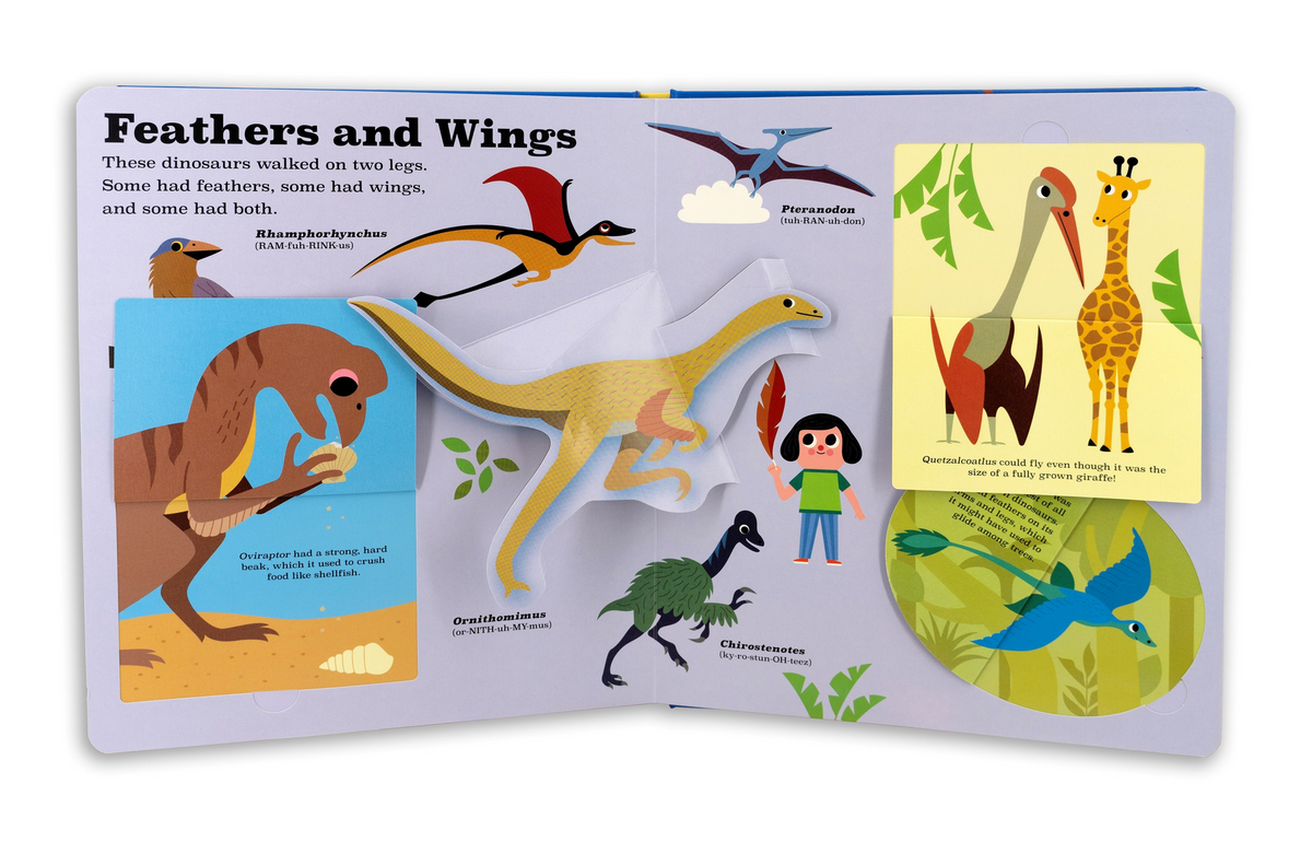 Children's book open to a page about dinosaurs with illustrations and text.