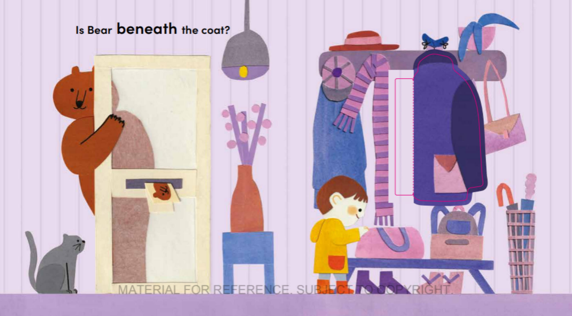 Illustration of a child looking into a window with clothes hanging on a rack and a bear behind.