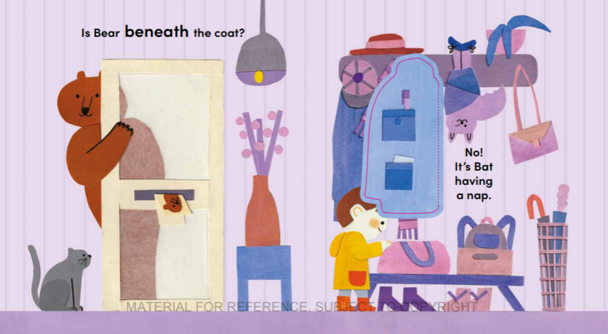 Illustration of a bear behind a coat, with a cat and other objects in the background.