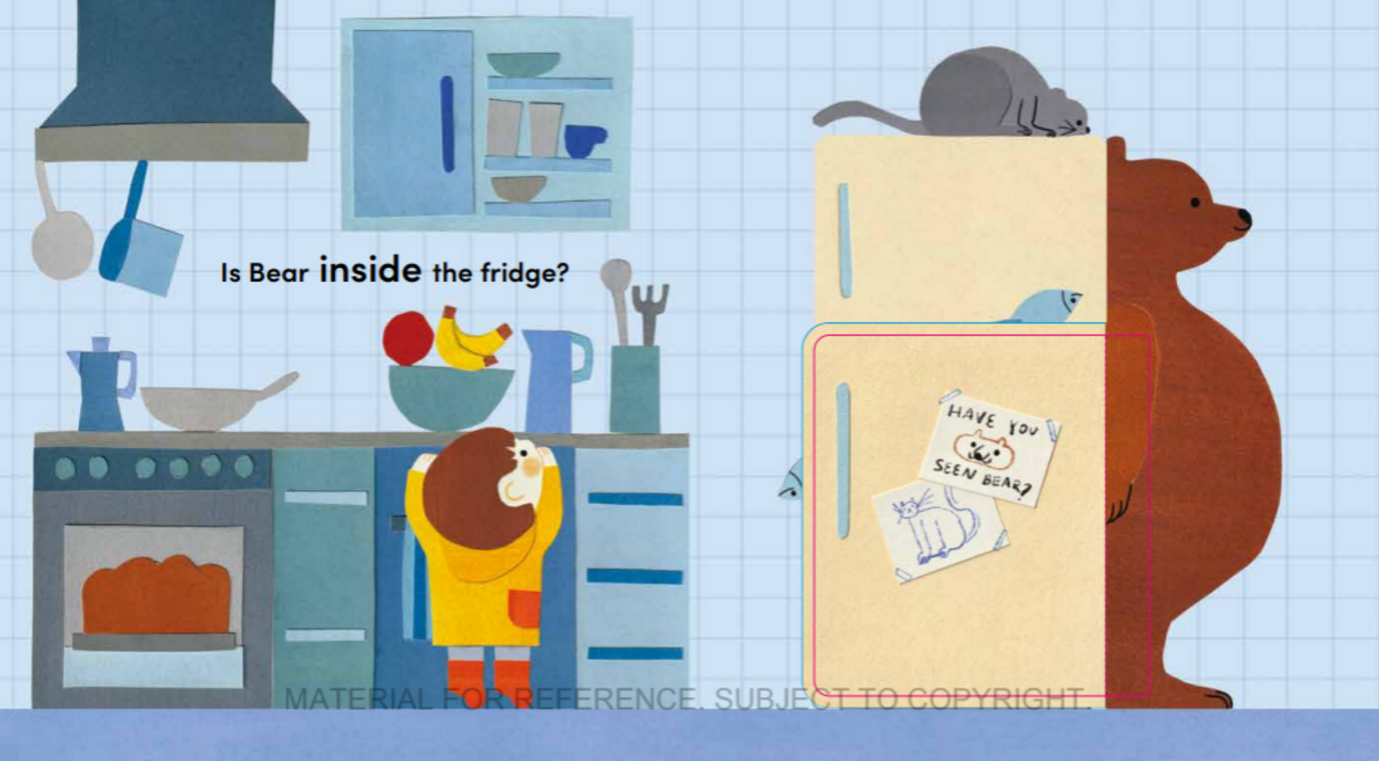 Illustration of a bear looking into an open refrigerator with a child peeking from behind, on a blue checkered background.