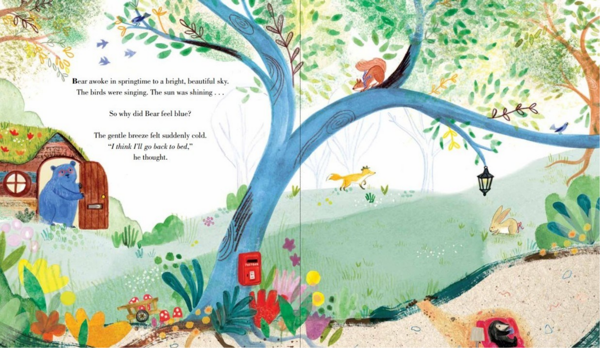 Illustrated children's book page with a bear, bird, and fox in a forest setting.