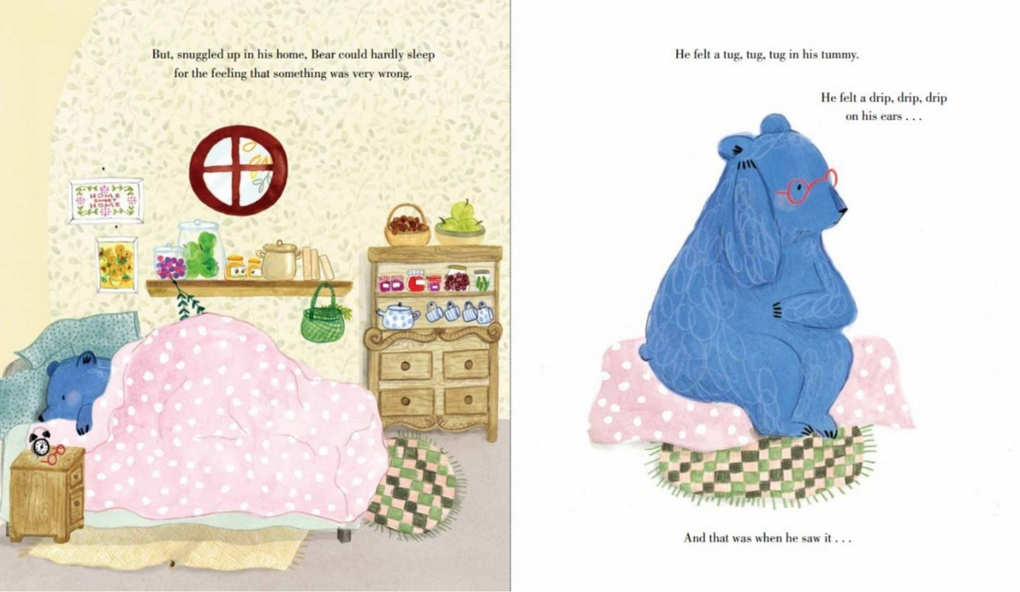 Illustrated book page with a blue bear character in a bedroom setting.