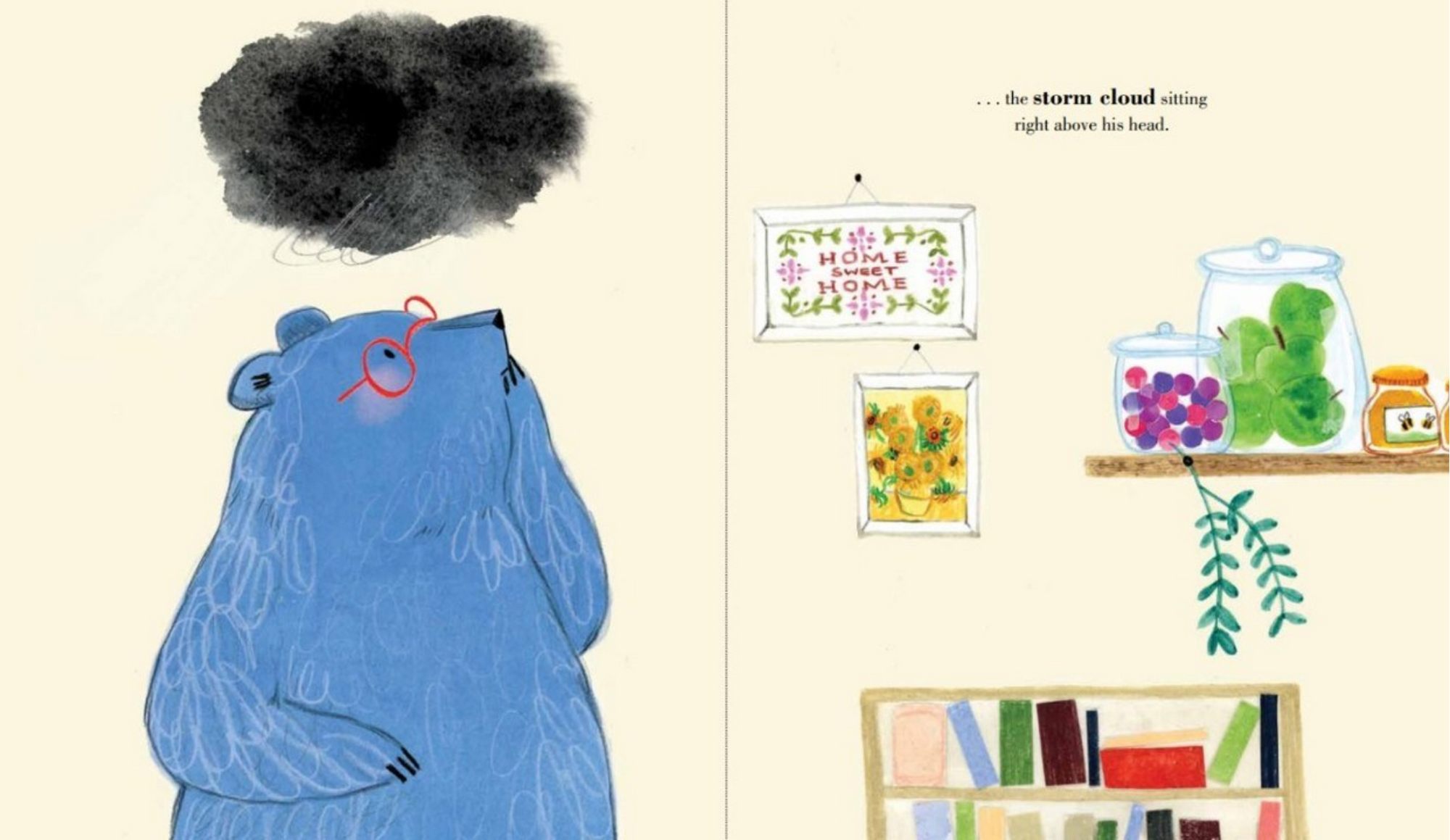 Illustration of a blue bear with a storm cloud above its head, surrounded by various items on a beige background.