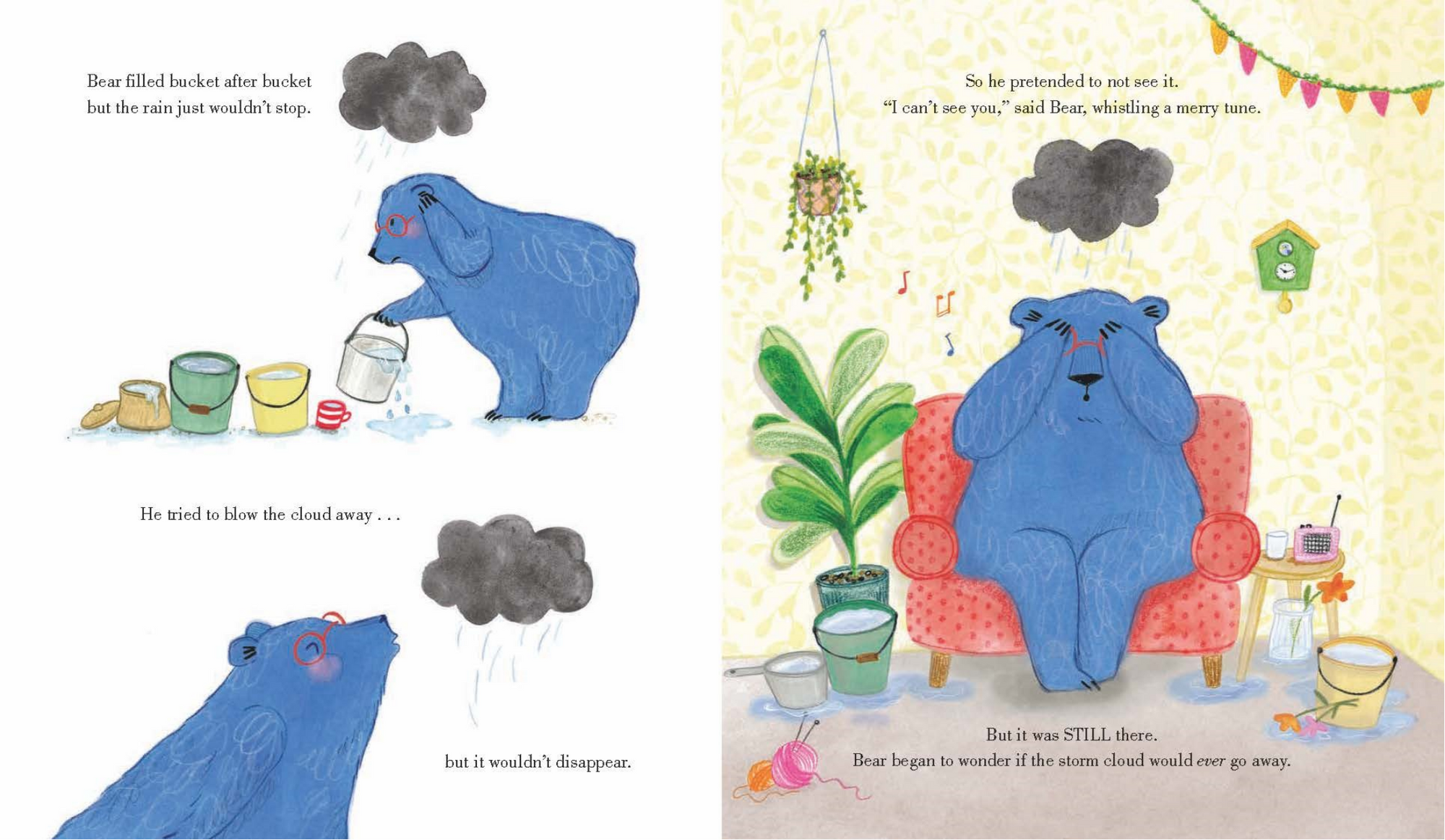 Illustrated book page with a blue bear character in various poses and settings.