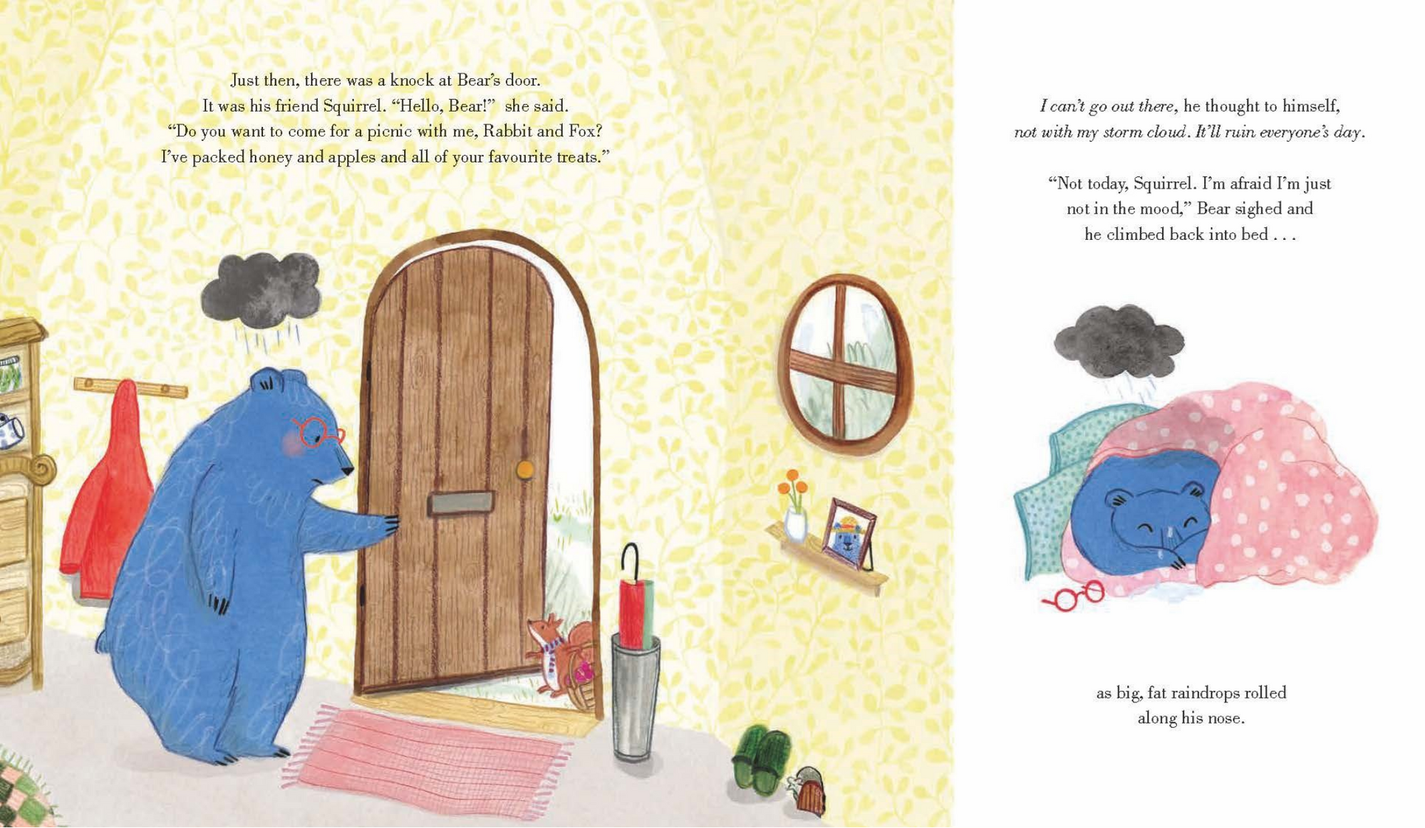 Illustrated book page with a bear character knocking on a door and a cloud character inside.
