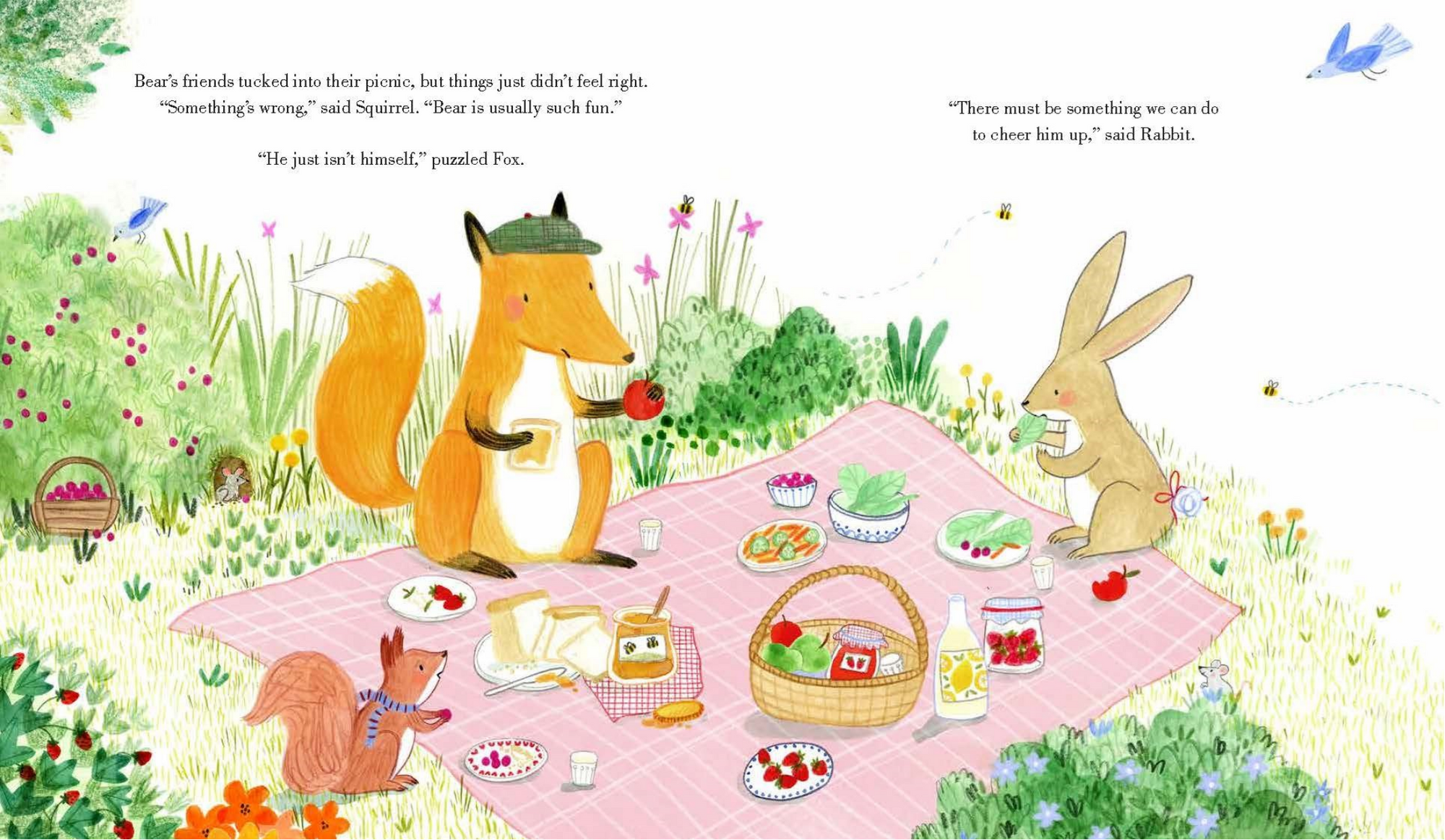 Illustration of animals having a picnic in a garden