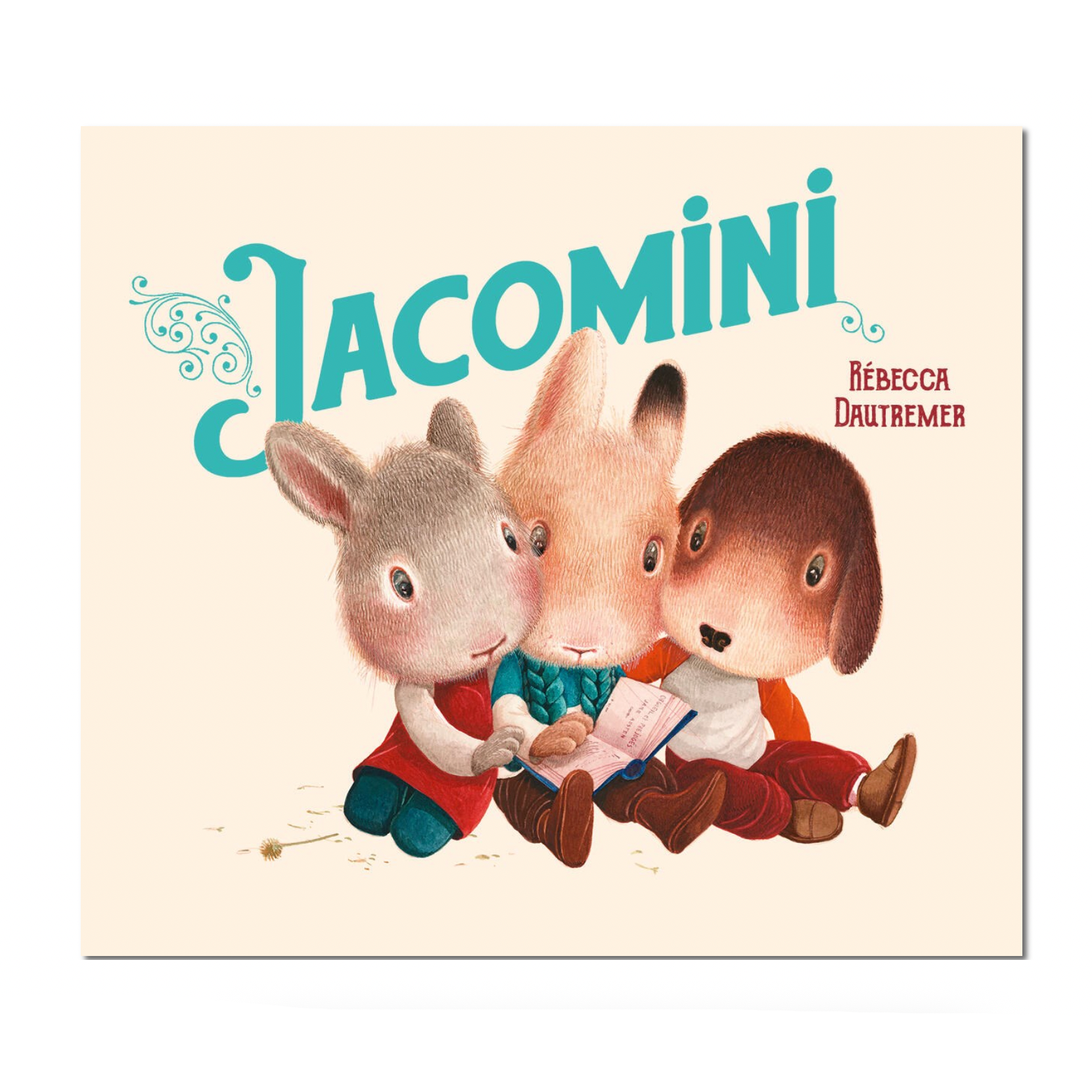 Book cover of 'Jacomini' with three illustrated rabbits reading a book, 