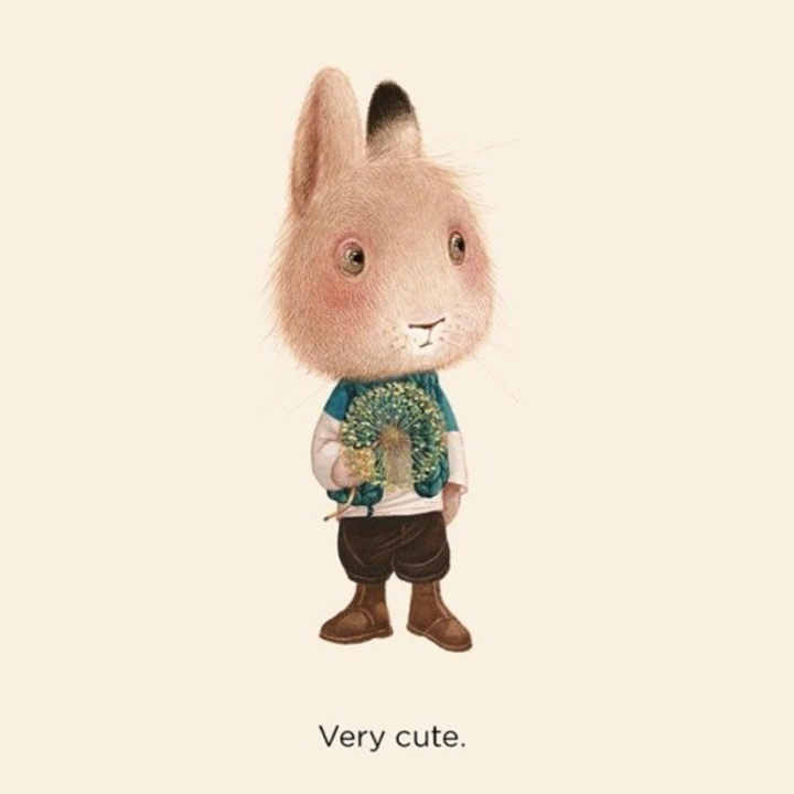 Illustration of a cute rabbit character wearing a patterned shirt and brown pants on a beige background.