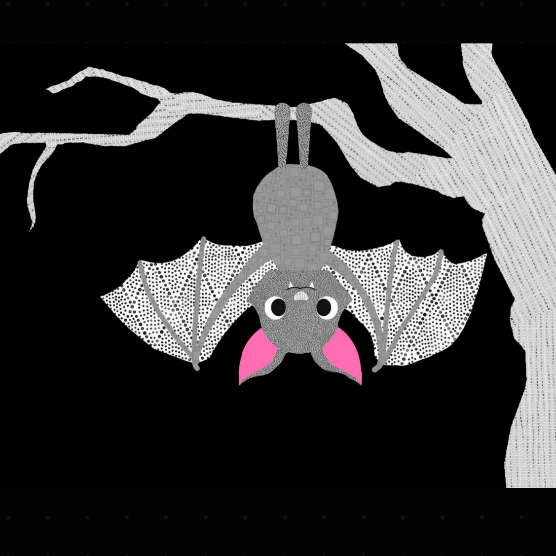 Cartoon bat hanging from a tree branch on a black background