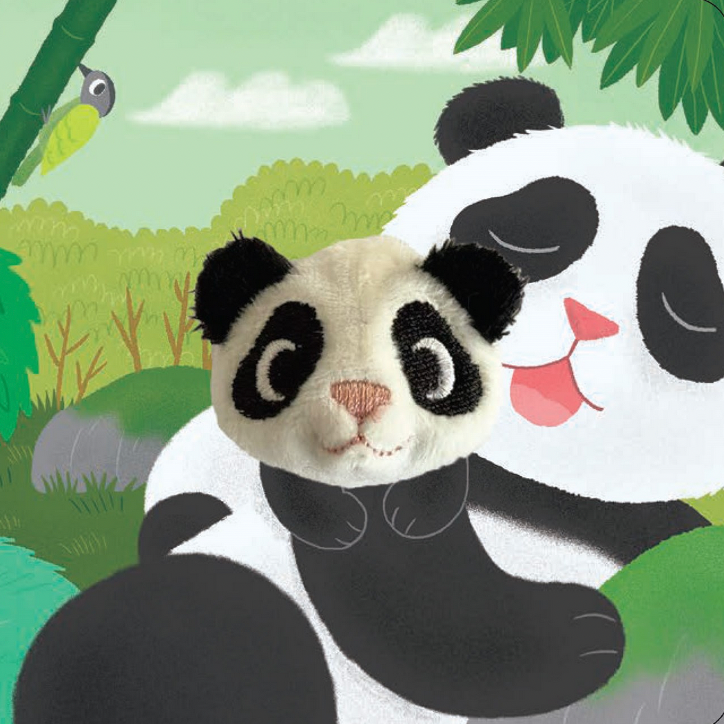 Illustration of a panda in a jungle setting with green foliage and a bird.