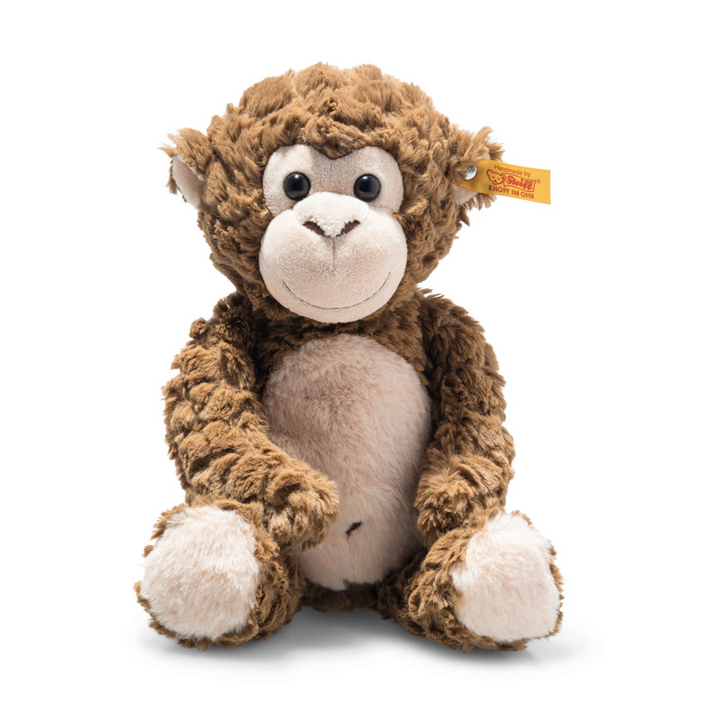 Plush monkey toy with a visible brand tag on a white background