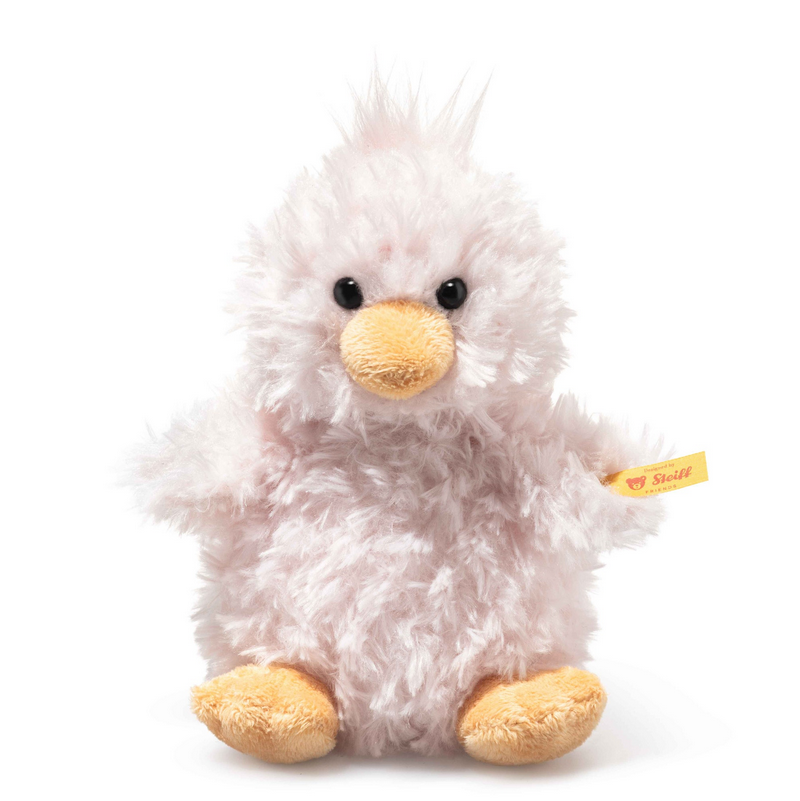 Plush toy duck with a white and gray fluffy body and yellow feet and beak on a white background