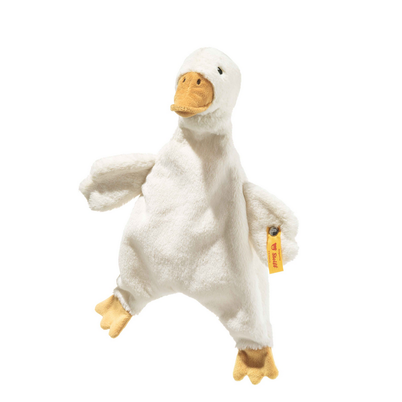 White duck-shaped plush toy on a white background