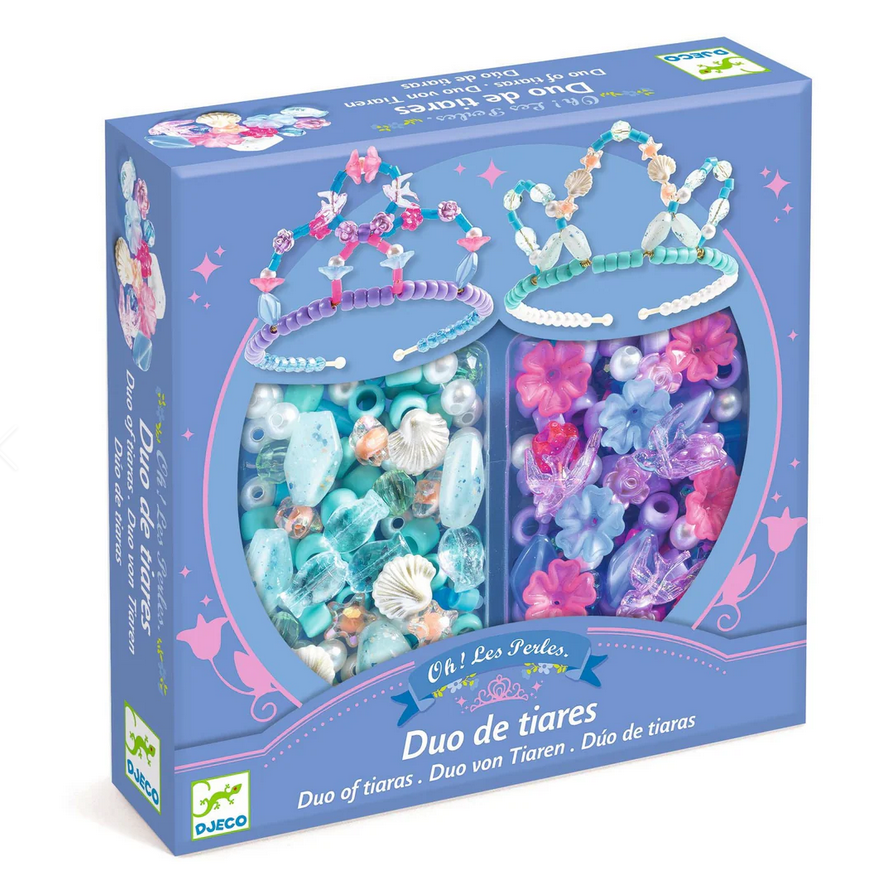 Box of children's beaded tiaras with colorful design on a white background