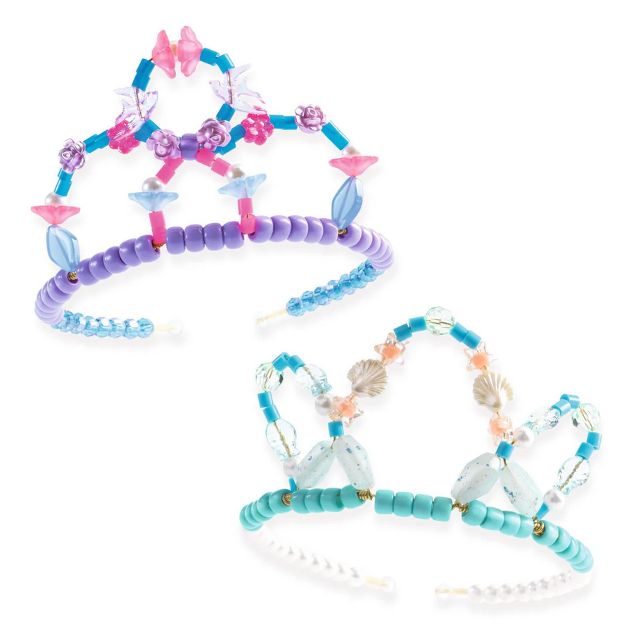 Two beaded crowns, one purple and pink, the other turquoise and white, on a white background.