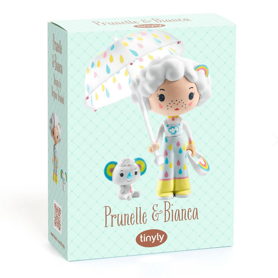 Product packaging for 'Prunelle & Bianca' toy with a character holding an umbrella on a light blue background.