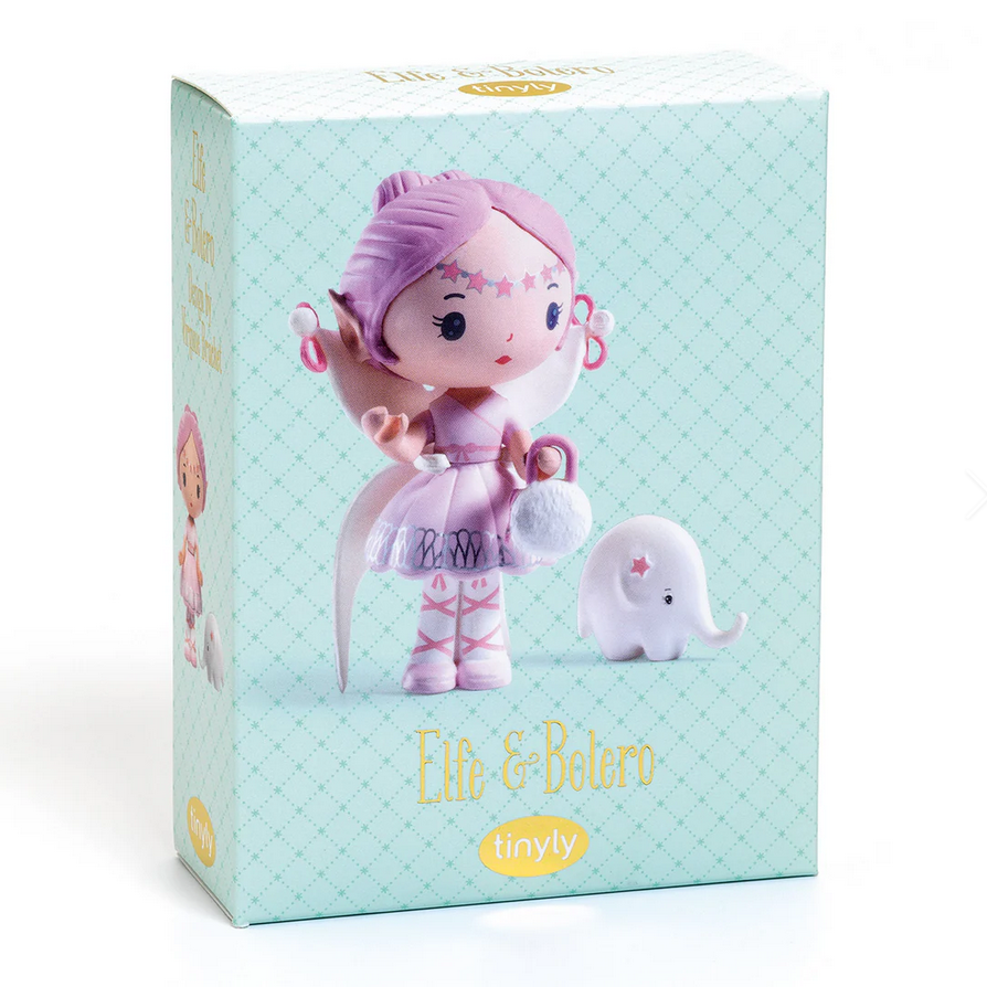 Toy figure with pink hair and outfit on a light blue box with 'Elfe & Belero' branding.