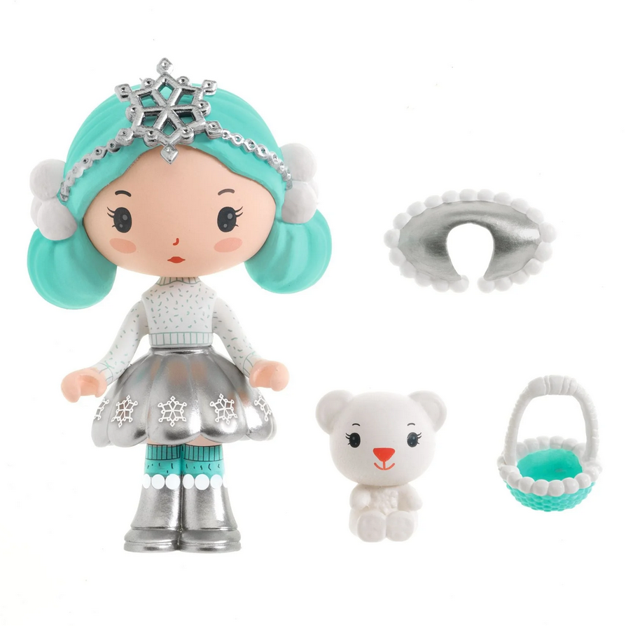 Toy figure with turquoise hair and silver outfit, accompanied by a small bear and basket on a white background
