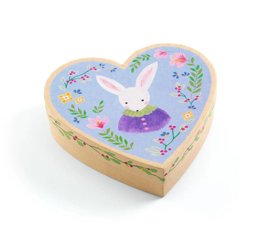 Heart-shaped wooden box with a rabbit illustration on a white background