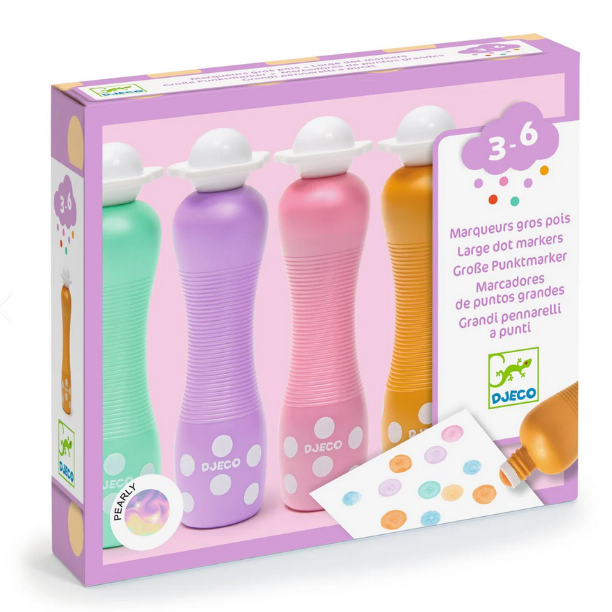 Box of DJECO large dot markers with colorful bottles on a white background