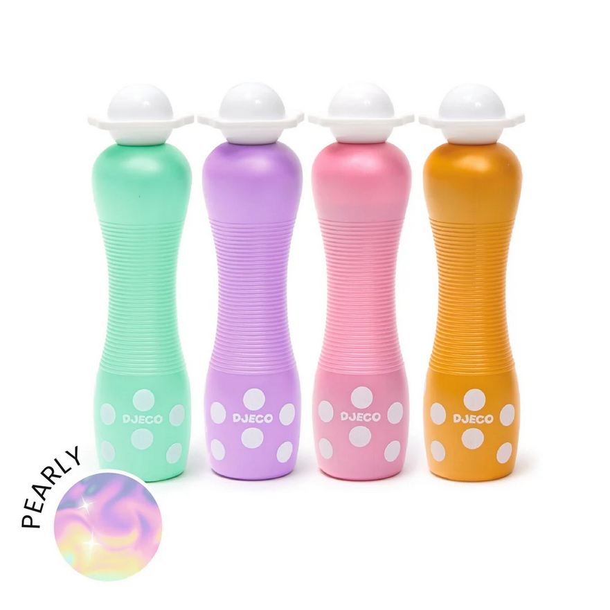 Four colorful bottles with polka dot patterns and 'DjeCo' branding on a white background.