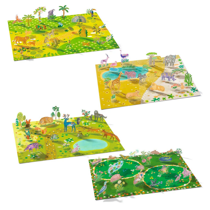 Set of children's educational games with animal illustrations on a white background
