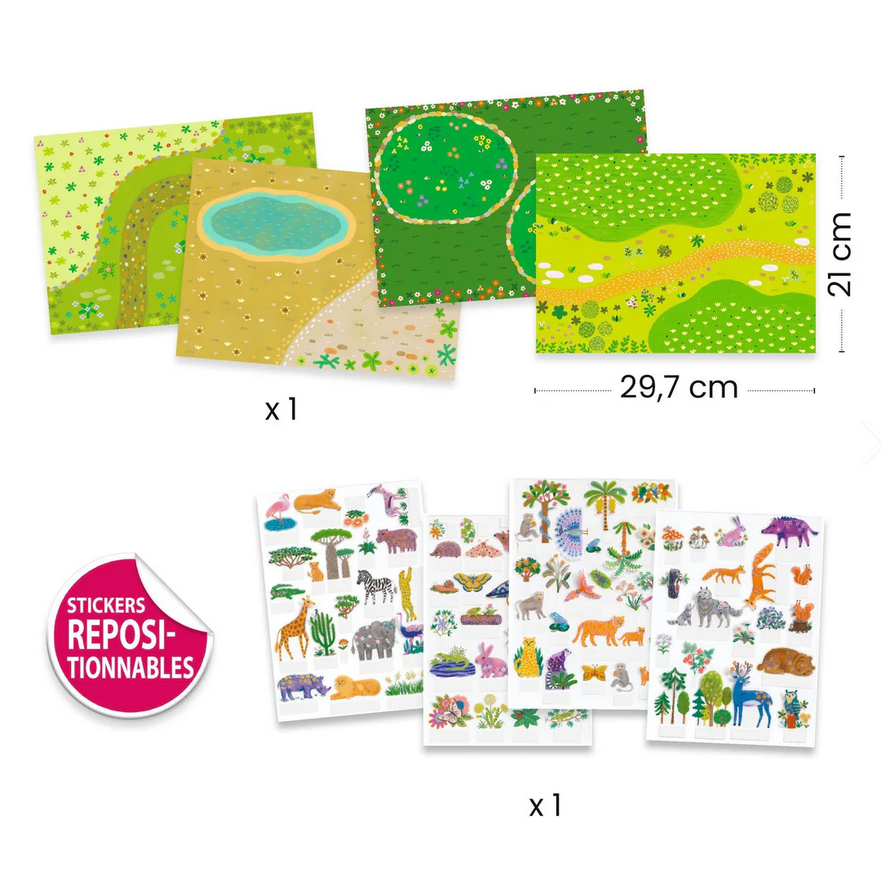Set of reusable stickers with animal designs and green landscape illustrations, with dimensions displayed.