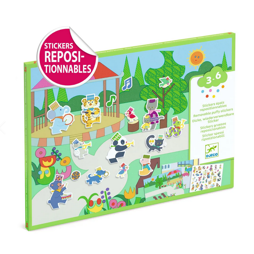 Children's sticker book with colorful illustrations on a white background