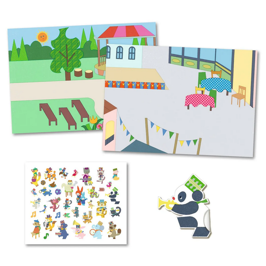 Set of children's play cards with different scenes and a panda character.
