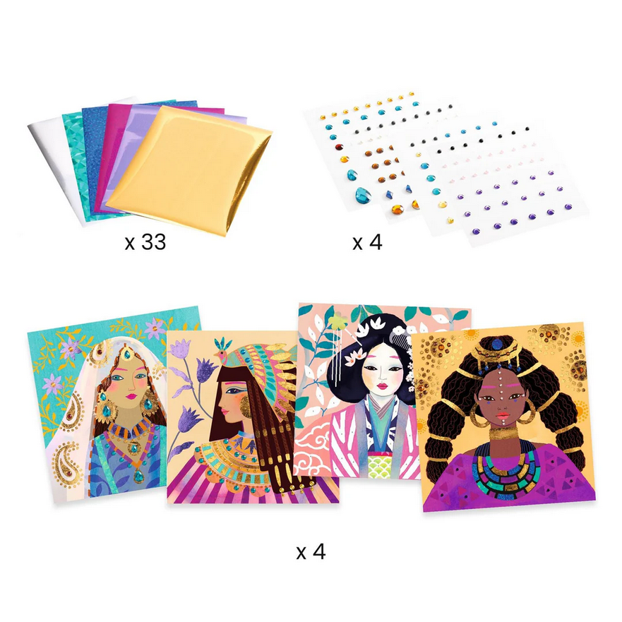 Set of colorful greeting cards with illustrated women on a white background