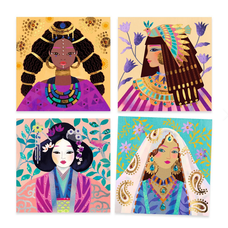 Four colorful illustrations of women with different hairstyles and accessories on a white background.