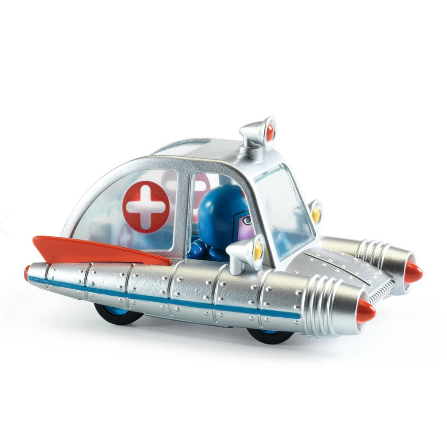 Toy vehicle with a character inside on a white background