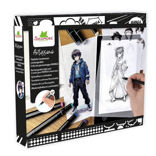 Sycomore Artissimo manga drawing set packaging with illustrations and a hand holding a pen.