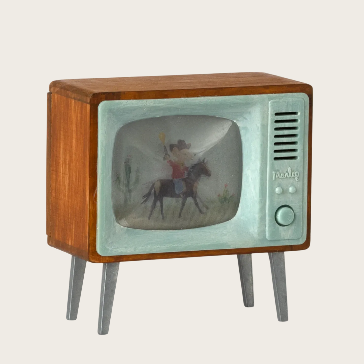 Vintage-style television with wooden casing displaying a cowboy on horseback image.