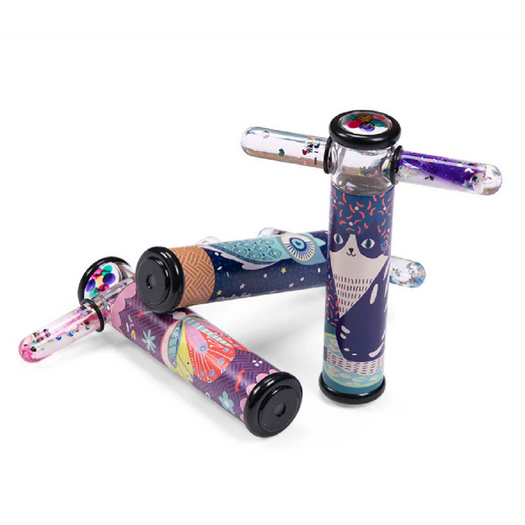 Colorful kaleidoscopes with cartoon designs on a white background