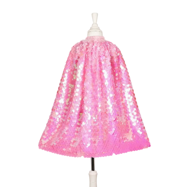 Pink cape on a mannequin with product details on a white background