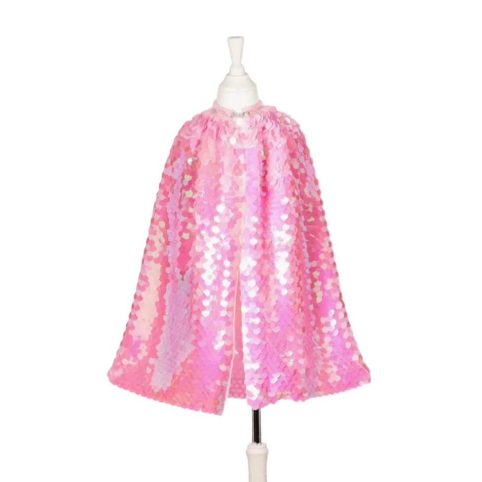 Pink sequin cape on a mannequin against a white background