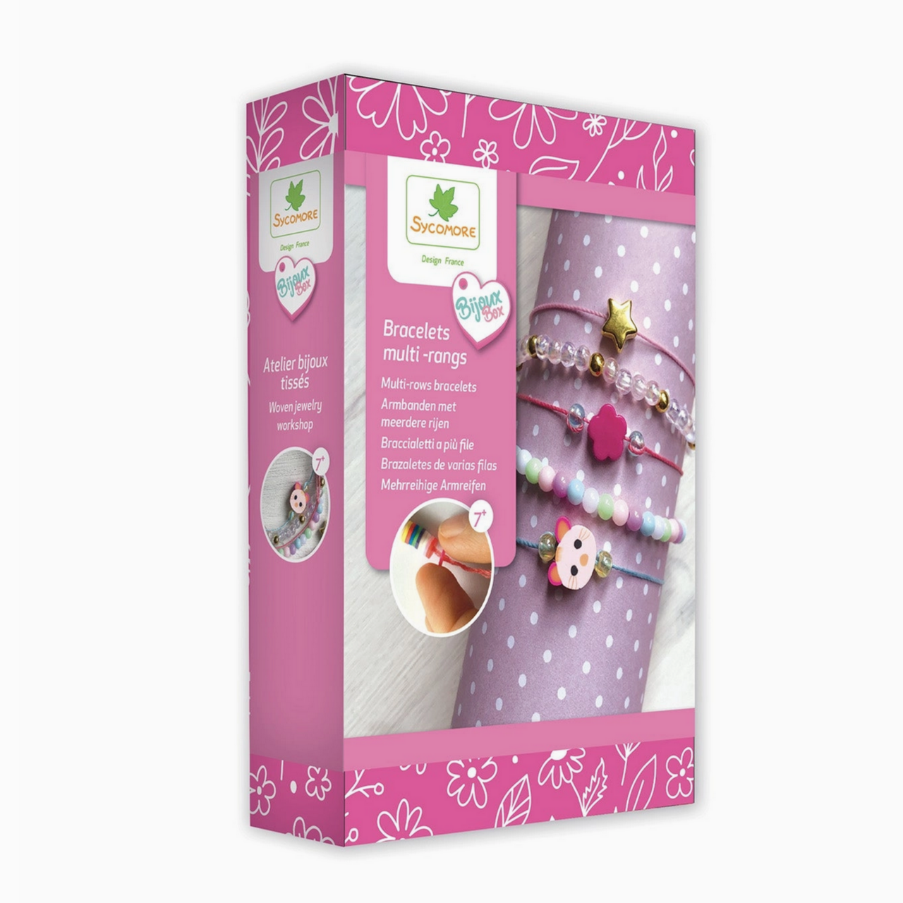 Packaged children's bracelets with a pink box on a white background