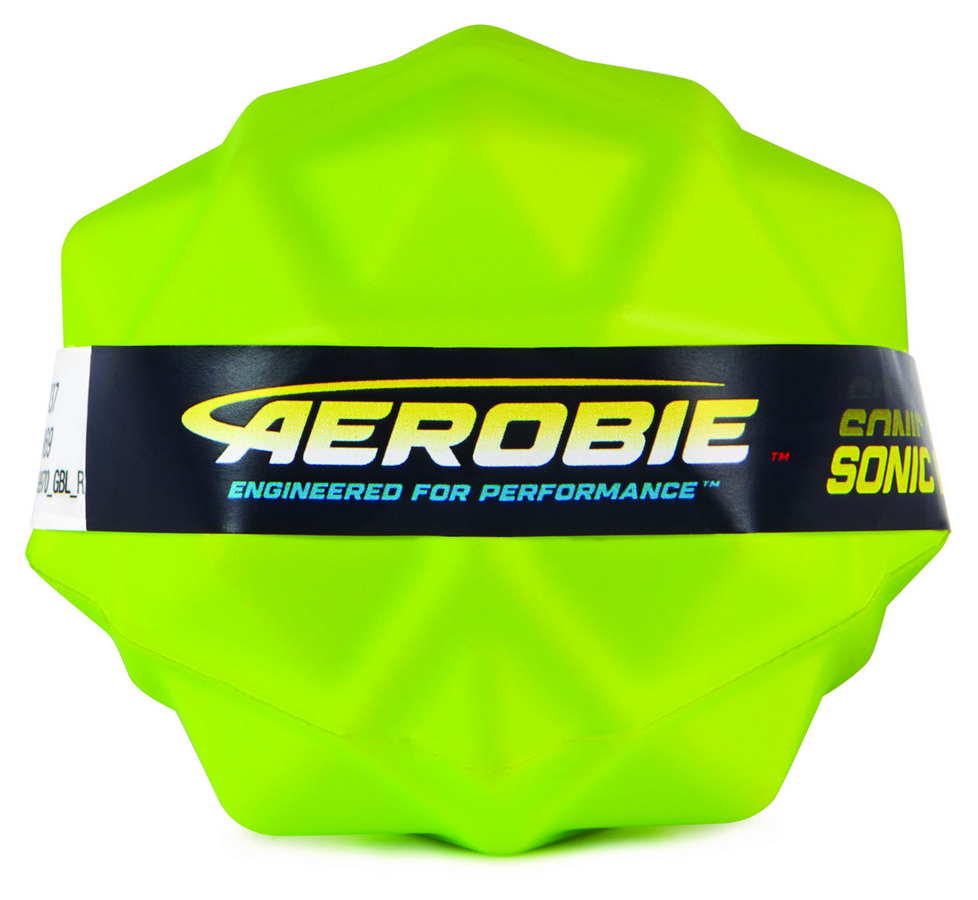 Green Aerobie Sonic ball with branding on a white background