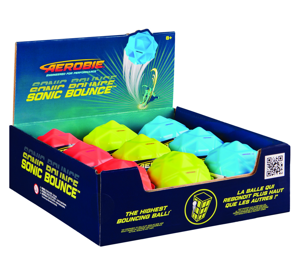 Display box of Aerobie Sonic Bounce balls with colorful balls inside.