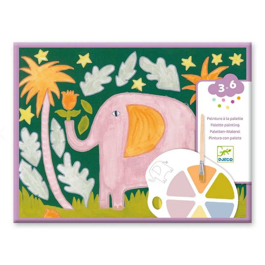 Children's art set with a pink elephant design on a green background, featuring the brand 'Djeco'.