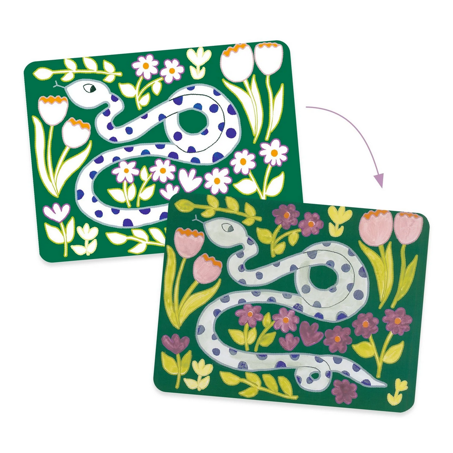 Two green cards with a snake and floral design on a white background
