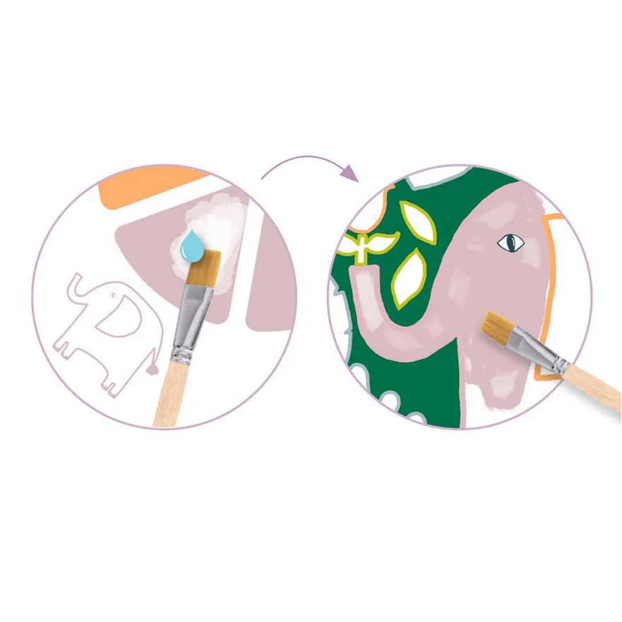 Illustration of a pink elephant being painted with green and yellow details, surrounded by paintbrushes and paint.