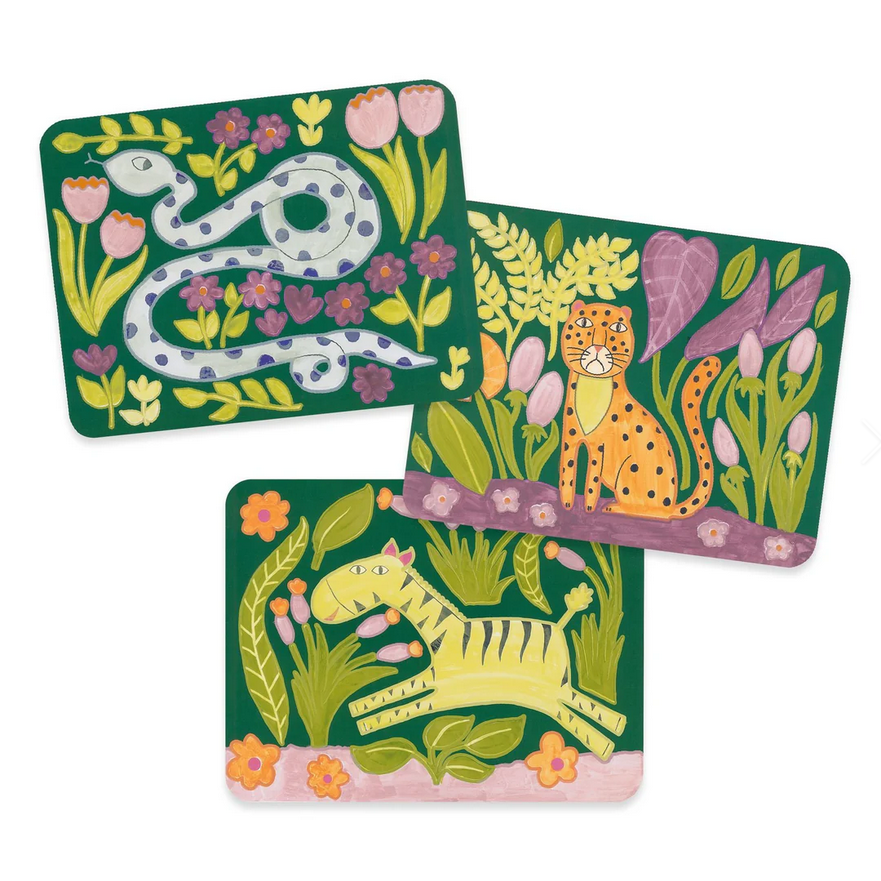 Set of three colorful animal cards with snakes, leopards, and tigers on a green background.