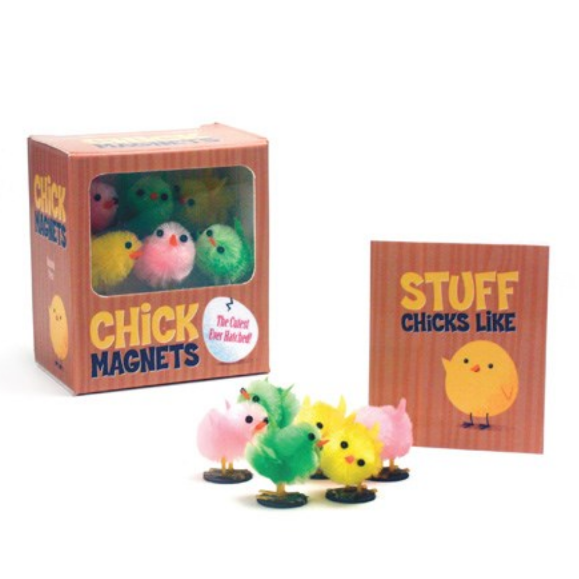 Colorful chick magnets in a box with packaging on a white background