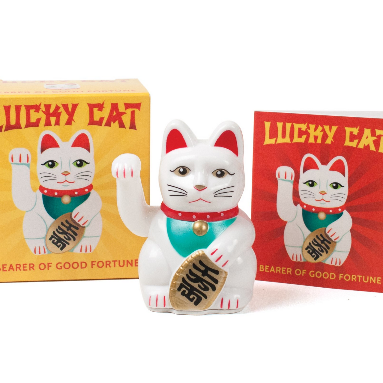 Lucky cat figurine with packaging on a white background