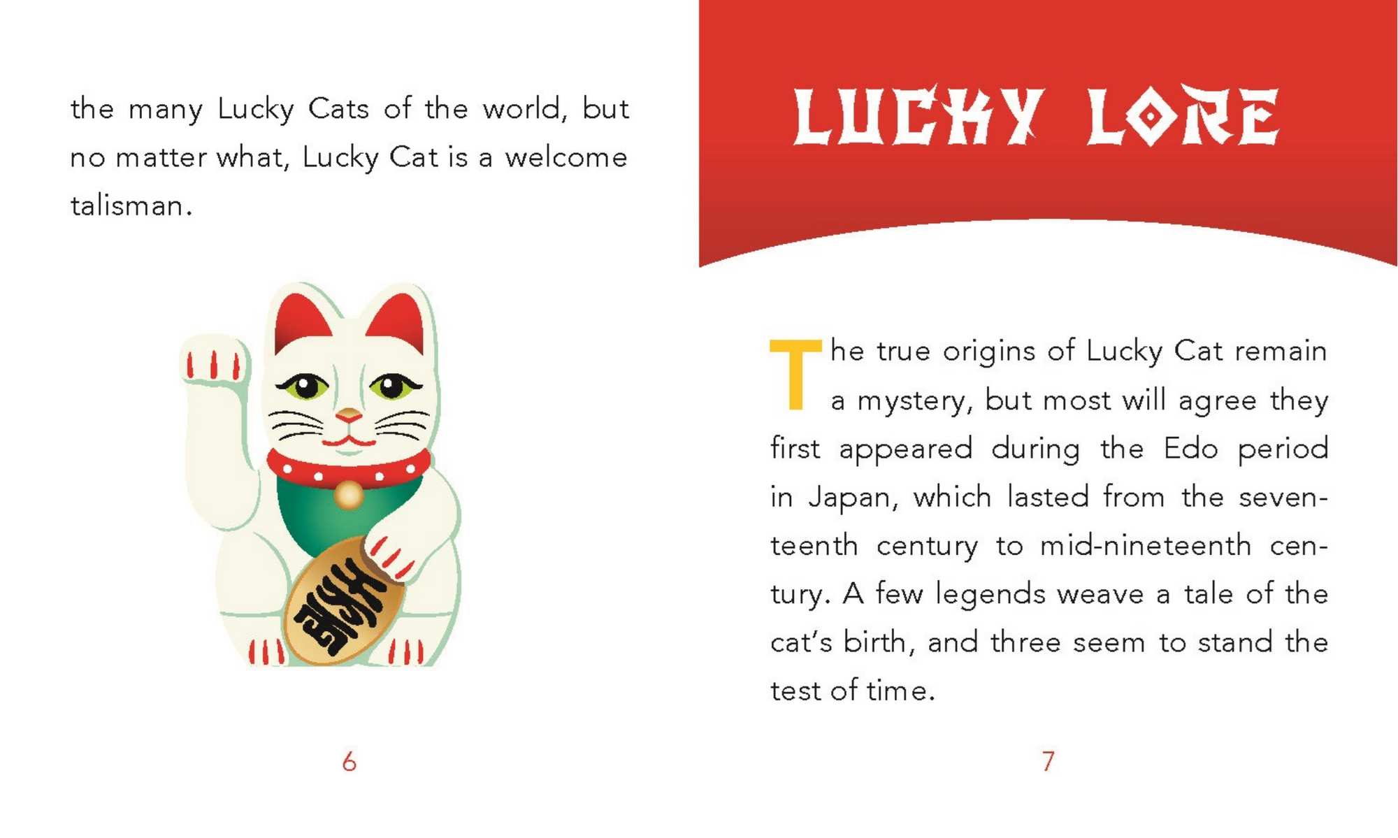 Page from a book about Lucky Cats with text and illustration of a waving cat.