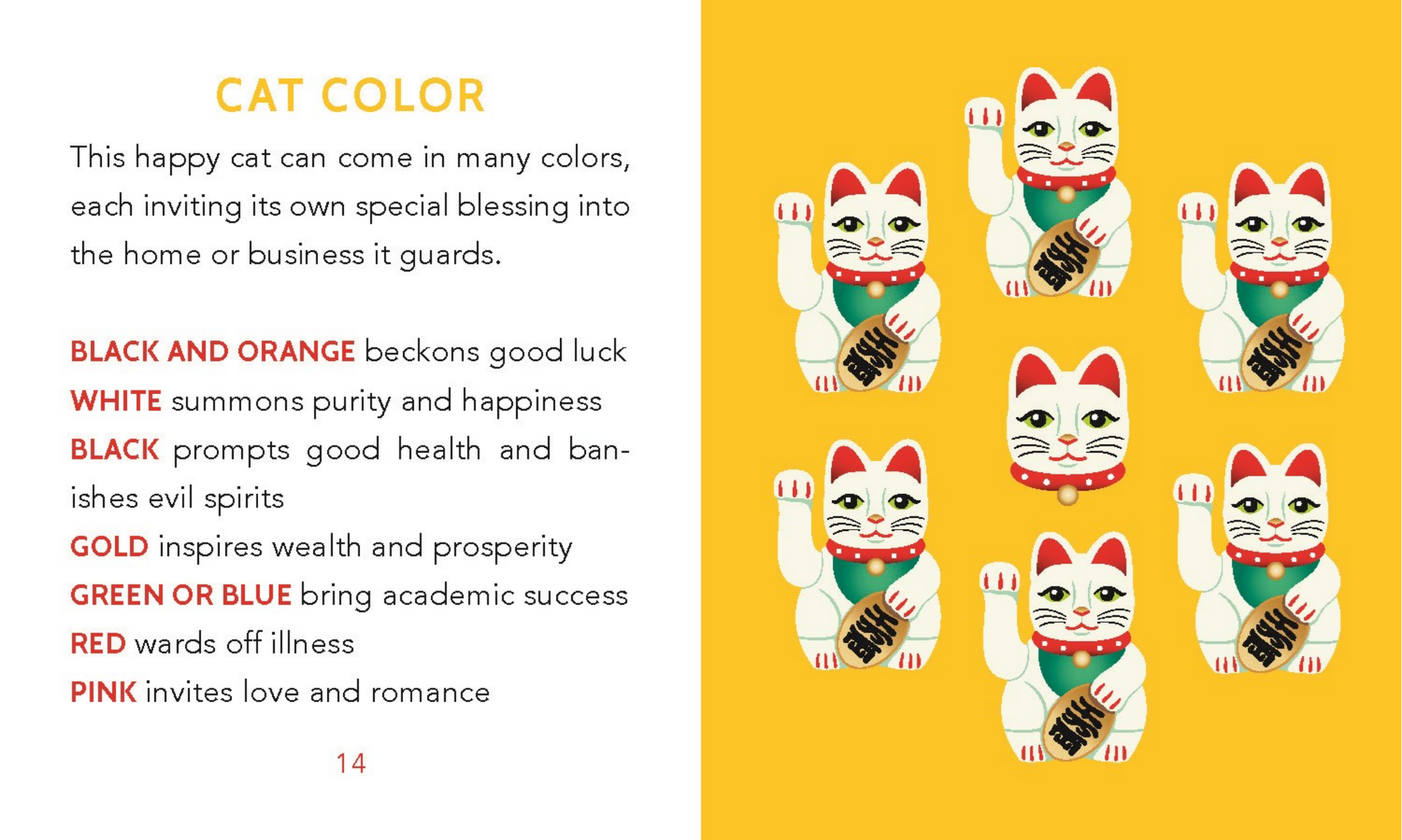 Illustration of Maneki Neko cats with color meanings on a yellow background